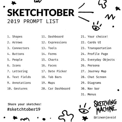 Hey designers, developers, product people! #Sketchtober, a challenge to help build your sketching muscles. ✏️🖊💡💪🏽   Instructions: 1. Research the prompt 2. Sketch the prompt 3. Share your sketches using #Sketchtober  Let’s do this! 😀 Sketch Everyday Challenge, Sketch Prompts, Sketching Challenge, Drawing List, Art Topics, Sketchbook Prompts, Photo A Day Challenge, Drawing Prompts, Drawing Prompt