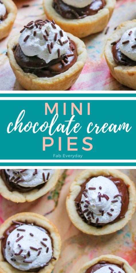 I adapted Aunt Clarica’s family-favorite chocolate cream pie into mini individual chocolate pies. These mini chocolate pies are so delicious, and perfect for parties. Don’t be surprised if you are requested to make this mini chocolate pie recipe again and again. Click or visit FabEveryday.com for the easy mini chocolate pudding pies recipe. Chocolate Pies Easy, Mini Pudding Pies, Mini Chocolate Cream Pies, Mini Chocolate Pies, Mini Pies Easy, Chocolate Cream Pies, Mini Chocolate Pie, Pies Easy, Brookies Cookies