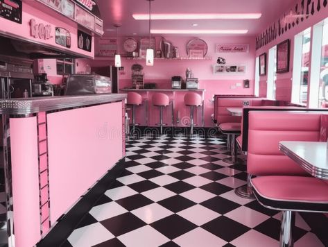 A pink diner with black and white checkered floor. Generative AI image. royalty free stock photos Diner Design Ideas, Pink Diner Aesthetic, Checkers Floor, Retro Diner Aesthetic, 80s Diner, Diner Background, Pink Diner, Black And White Checkered Floor, Checker Floor