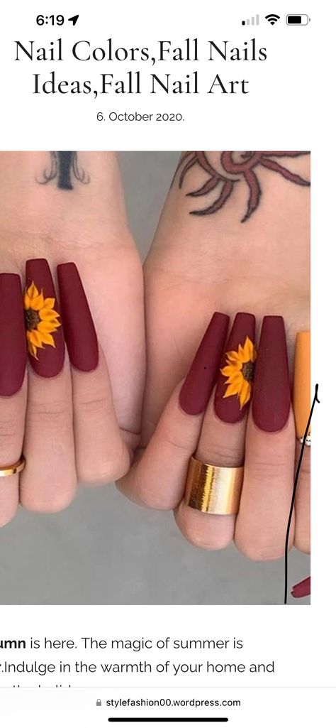 Yellow And Burgundy Nails, Fall Nails Maroon Burgundy, Red Fall Nail Designs, Burgundy Nail Designs, Dark Red Nails, Wine Nails, Sunflower Nails, Red Fall, Burgundy Nails