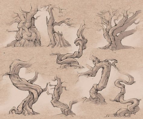 World Tree Drawing, Fantasy Trees Drawing, Tree Study Drawing, How To Draw Tree Trunk, Imaginary Landscape Drawing, Plant Reference Drawing, Big Tree Illustration, Sketches Of Trees, Fantasy Tree Art