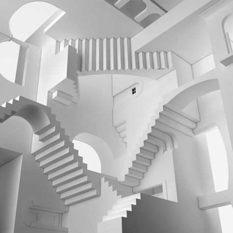 Escher / Relativity on Behance Mc Escher Architecture, Escher Stairs Tattoo, Escher Architecture, Mc Escher Stairs, Human Figure Drawings, Esher Art, Illusion Architecture, Mc Escher Relativity, Penrose Stairs