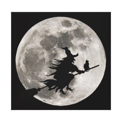 Flying witch with a bright moon behind her canvas print - Halloween happyhalloween festival party holiday Her Poster, Halloween Deserts, Halloween Pumpkin Stencils, Witch Flying, Bright Moon, Witch Silhouette, Three Witches, Witch Tattoo, Silhouette Tattoos