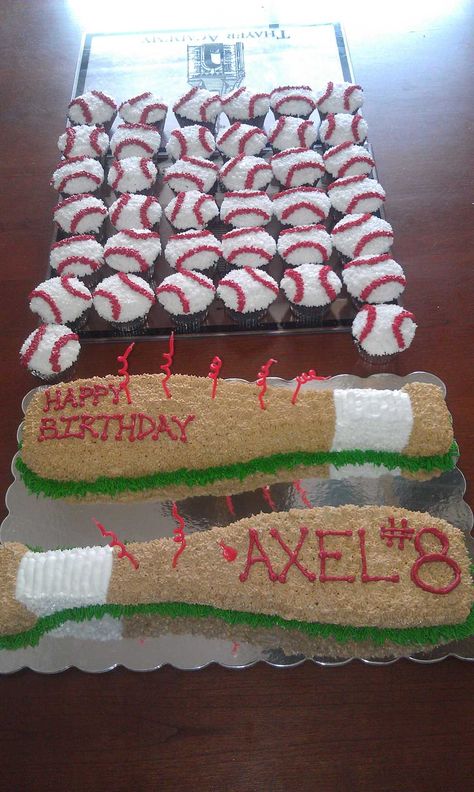 Baseball bat and baseballs cake/cupcakes Baseball Bat Cake, Cupcake Cake Ideas, Baseball Birthday Cake, Baseball Cakes, Baseball Birthday Cakes, Bat Cake, Guys Birthday, Bat Cupcakes, Baseball Cake