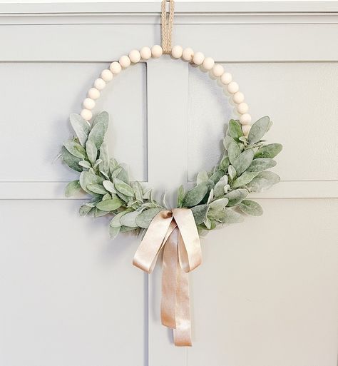 Modern Farmhouse Wreath Wood Bead Wreath With Lambs Ear and - Etsy Turkey Bead Wreath Ideas, Modern Farmhouse Wreath, Wood Bead Wreath, Beaded Wreath, Bead Wreath, Long Bow, Door Crafts, Dyi Gifts, All Season Wreath