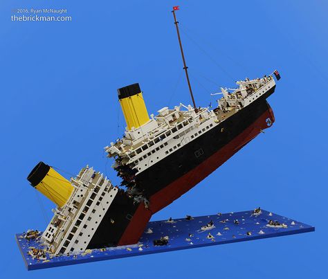 Lego Titanic (c) TheBrickMan.com Sinking Titanic, Lego Titanic, Lego Machines, Titanic Ship, Lego Sculptures, Lego Display, Lego Ship, Amazing Lego Creations, Breaking In