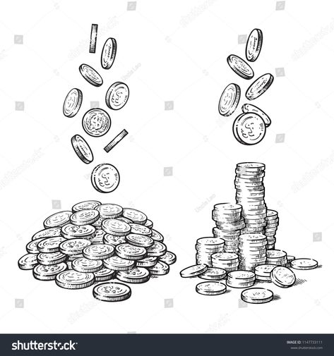 Sketch of falling coins in different positions, pile of cash, stack of money. Black and white finance, money set. Hand drawn collection isolated on white background. Vector illustration. #Ad , #ad, #stack#cash#Black#money Hand Money Tattoo, Pile Of Money Drawing, How To Draw Money, Coins Drawing, Fortune Drawing, Money Black And White, Cash Drawing, Fortune Illustration, Coin Drawing