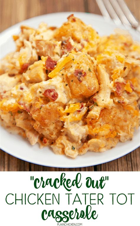 Cracked Out Chicken, Breakfast Crockpot, Chicken Tater Tot Casserole, Chicken Cheddar, Cracked Out, Tater Tot Recipes, Tot Casserole, Tater Tot Casserole, Tater Tots