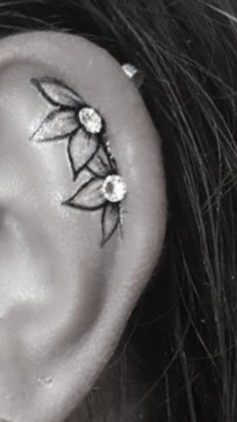 Ear Tattoo Inner With Piercing, Inner Ear Tattoos For Women Flower, Pretty Ear Tattoos, Flower Ear Tattoo With Piercing, Inside Ear Tattoos Flower, Ear Tattoo And Piercings, Behing The Ear Tattoo, Ear Tattoo With Piercing, Tattoos On Ear