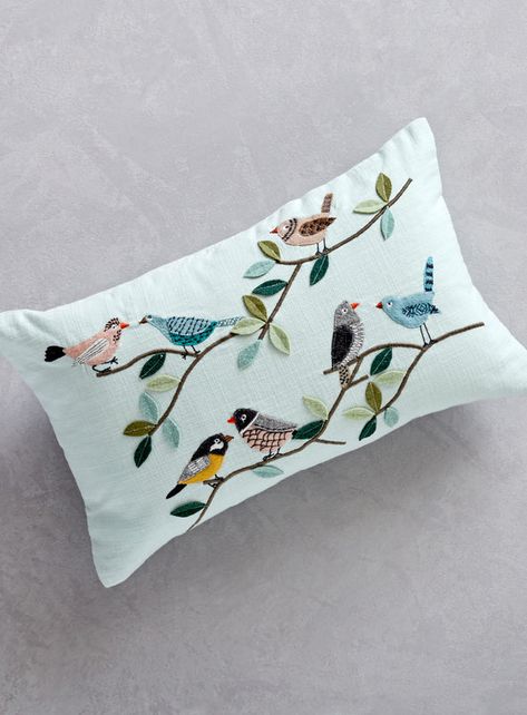 Flock Together Throw Pillow | Petalura Sweet Songbirds, Choir Practice, Basic Art Techniques, Designer Bed Sheets, Cushion Embroidery, Spring Pillows, Bird Pillow, Home Office Chair, Embroidered Throw Pillows