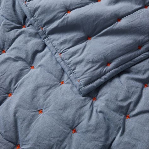 With a gender-neutral design that gives any kid's bedroom an elevated look, our Classic Chambray Quilt is as comfy as it is stylish. The simple red-orange embroidered plus signs throughout add a touch of texture to the soothing ashen blue palette, while the 100% organic cotton shell makes it just like a dream. The easy-to-coordinate layer reverses to a solid matching blue.   • 100% organic cotton chambray shell, grown without chemicals or pesticides  • 100% recycled polyester fill  • Passes OEKO Navy Blue Boys Bedroom, Chambray Quilt, Plus Sign Quilt, Blue Quilt Bedding, Boys Duvet Cover, Blue Boys Bedroom, Boys Room Blue, Preppy Boys, Kids Duvet