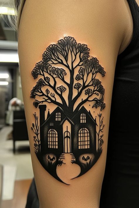 50+ Halloween Tattoo Ideas That Look Spooky Addams Mansion, Halloween Tattoo Ideas, Halloween Tattoo, Halloween Tattoos, Spooky Halloween, Mansion, Over 50, Tattoo Ideas, That Look