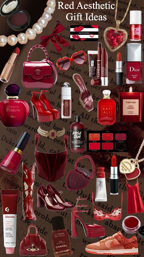 Red Aesthetic Gift Ideas #myfirstshuffle #red #redaesthetic #fashion #aesthetic #christmas #giftguide #gift #giftideas #giftinspo Dark Feminine Aesthetic Makeup Products, Cherry Gift Ideas, Cherry Core Outfits, Dark Red Aesthetic Outfit, Red Feminine Aesthetic, Red Girly Aesthetic, Christmas Gift Ideas Aesthetic, Red Cherry Aesthetic, Red Wishlist