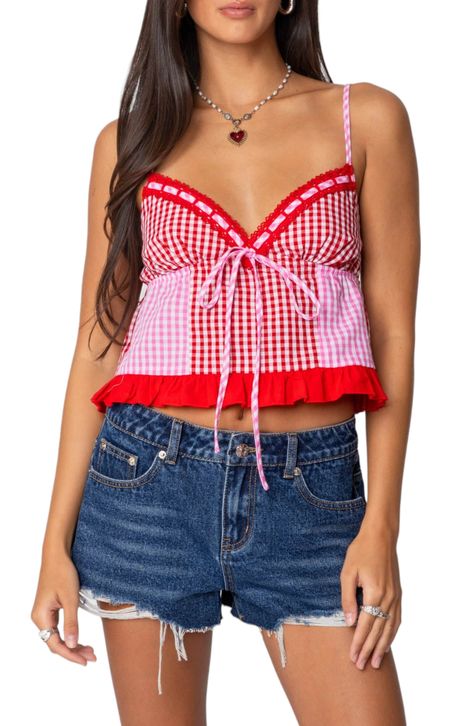 Sweeten the day in this crisp frill-trimmed cami designed with a cheerful gingham print. Adjustable back tie closure Sweetheart neck Adjustable straps 100% cotton Machine wash, dry flat Imported Gingham Tank Top, Wwe T Shirts, Mid Rise Denim Shorts, Gingham Tops, Gingham Fabric, Swimwear Dress, Gingham Print, Knit Fashion, Knitted Tank Top