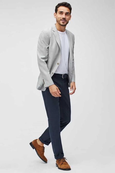 Blazer With A T-shirt: How To Get it Right In 2024 (16 Outfits) Grey Blazer Outfit Men, Branding Outfits, Men Branding, Navy Chinos Men, Blazer Outfits For Men, Spring Outfits For Men, Grey Blazer Outfit, Men's Spring Outfits, Tan Suede Shoes