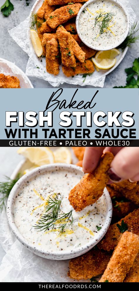 Healthy Fish Sticks, Fish Sticks Sauce, Whole 30 Fish And Chips, Baked Fish Sticks, Whole 30 Tilapia Recipes, Healthy Fish Sticks Recipes, Whole 30 Cod Recipes, Fish Stick Sauce, Gluten Free Seafood Recipes