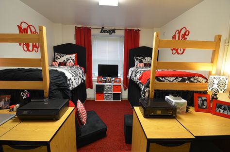 Dorm room, décor, diy, red and black, damask, NCSU, NC State, college, girl Dorm Room Ideas Red, Red Dorm Room Ideas, Nc State Dorm, Black Dorm Room Ideas, Red Dorm Room, Red Dorm, Dorm Room Decor Diy, Red Bedroom Design, Nursing Room