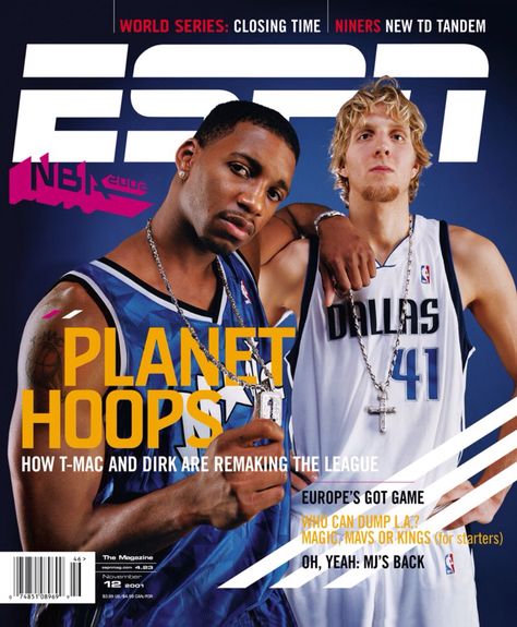 ESPN Magazine cover November 12, 2001 Dirk Nowitzki, Dallas Mavericks & T-Mac #Dallas #Mavericks #Mavs #DallasMavericks #MFFL #NBA Sports Magazine Covers, Dallas Basketball, Slam Magazine, Skate Fits, Espn Magazine, Trending Adidas, Dirk Nowitzki, Nfl 49ers, Ball Aesthetic