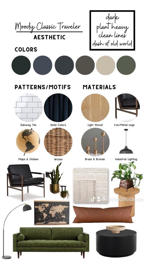 Moody Home Decor Kitchen, Moody Contemporary Interior Design, Boho Modern Industrial, Modern Industrial Mood Board Interior Design, Modern Boho Basement, Apartment Color Schemes Black, Organic Modern Decor Gray Couch, Rustic Modern Color Scheme, Cozy Modern Home Aesthetic