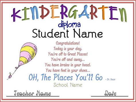 Oh, The Places You'll Go Diploma Kindergarten Graduation Diploma, Kindergarten Graduation Certificate, Vpk Graduation, Kindergarten Certificates, Kindergarten Diploma, Graduation Poems, Graduation Diploma, Pre K Graduation, Graduation Quotes