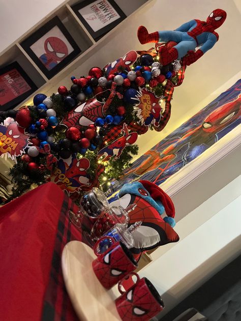 Fun Christmas decor for kids Spiderman Christmas Tree, Christmas Decor For Kids, Spider Man Christmas, Fun Christmas Decor, Spiderman Christmas, Spiderman Decorations, Christmas Tree Decorations Ribbon, Fun Christmas Decorations, Christmas Themes Decorations