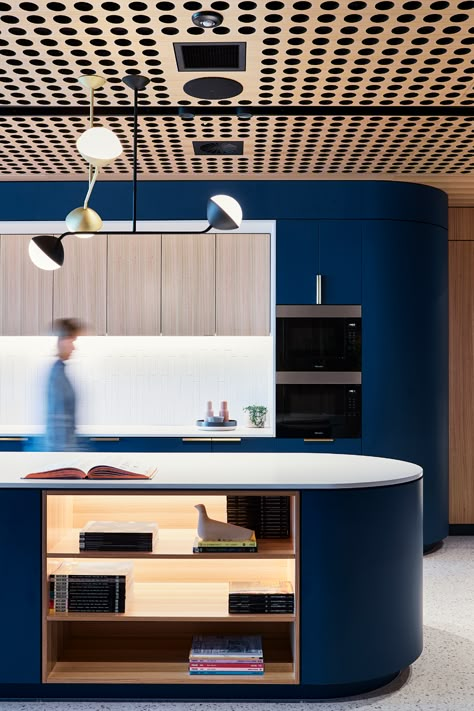 QIC, Melbourne - Good Design Office Pantry, Australian Interior, Blue Office, Australian Interior Design, Interior Design Awards, Oak Panels, Collaboration Space, Workplace Design, Commercial Office