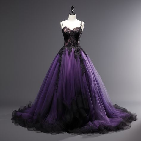 Dark Purple Wedding Dress The Bride, Black And Purple Wedding Theme, Layla Aesthetic, Dark Purple Wedding, Purple And Black Dress, Purple Tulle, Purple Wedding Dress, Purple Wedding Theme, Quinceanera Dress