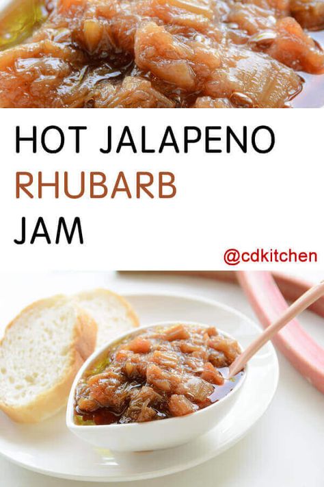 Hot Jalapeno Rhubarb Jam - Made with rhubarb, orange juice, orange zest, jalapenos, salt, sugar, pectin, OR, Certo | CDKitchen.com Jalapeño Rhubarb Jelly, Rhubarb Pepper Jelly, Rhubarb Jalapeno Jam, Rhubarb Butter, Rhubarb Jelly, Spring Foods, Rhubarb Jam Recipes, Rhubarb Sauce, Jalapeno Jam