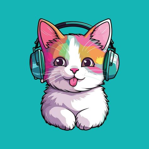 joyful happy colourful cat wearing headphones Cat With Headphones Drawing, Cat Wearing Headphones, Cat With Headphones, Headphones Drawing, Wearing Headphones, Wearing Headphone, Black Rose Tattoos, Search Pins, Cool Tech Gadgets Electronics