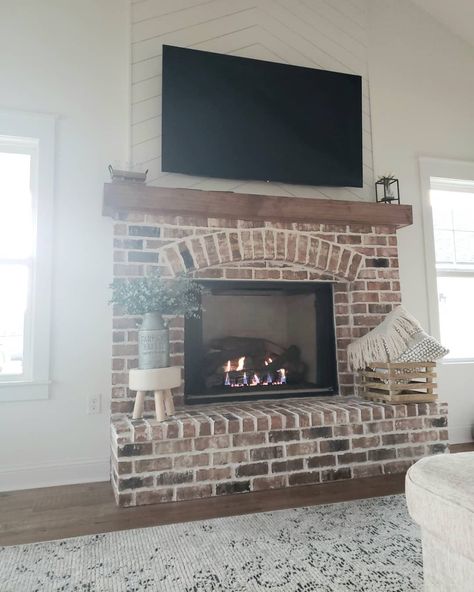 Jenn (@gregoryfarmhouse) • Instagram photos and videos Brick Fireplace With Gas Logs, Chevron Shiplap Wall, Brick And Shiplap Fireplace, Raised Fireplace, Brick And Shiplap, Brick Fireplace Wall, House Fireplace, Red Brick Fireplaces, Brick Hearth