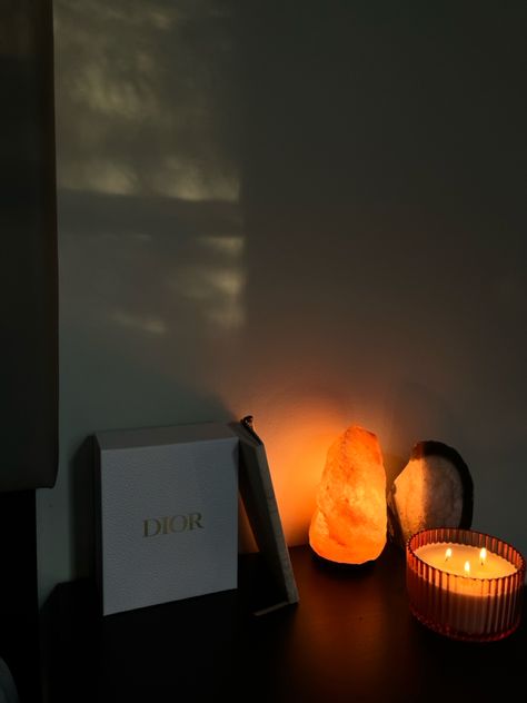 Aesthetic room decor with himalayan salt lamp Dior Chanel Candle making Salt Lamp Decor, Chanel Candles, Natural Crystals Rocks, Lamp Candle, Salt Lamps, Himalayan Salt Lamp, Salt Lamp, Candle Lamp, Himalayan Salt