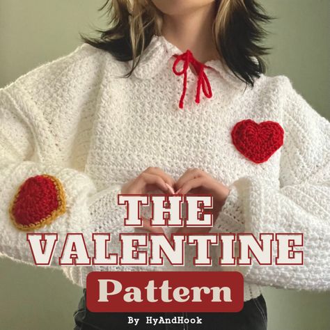 THE VALENTINE crochet sweater pattern by HyAndHook available for putchase on Etsy, Ko—Fi and hyandhook.com Valentines Day Crochet Sweater, Valentines Crochet Sweater Pattern, Valentine's Day Heart Sweater, Trendy Heart-shaped Valentine's Day Sweater, Pink Heart-shaped Valentine's Day Sweater, Make Tutorial, Valentines Patterns, Valentines Crochet, Crochet Heart