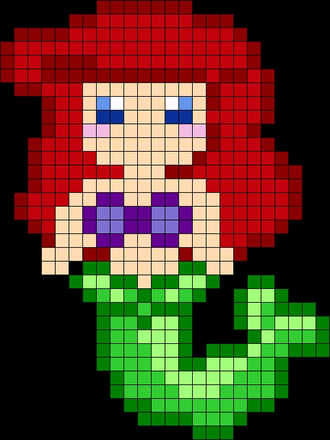 Ariel  Perler Bead Pattern - not actually a cross stitch pattern, but could be adjusted for that purpose. Disney Beads, Fused Beads, Modele Pixel Art, Fuse Bead Patterns, Art Perle, Hama Beads Design, Perler Beads Ideas, Motifs Perler, Pixel Crochet