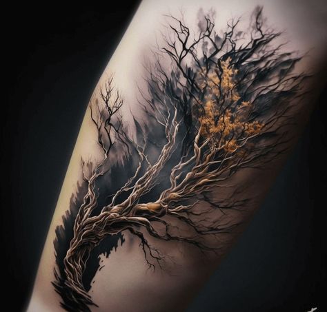 Tree Tattoos For Women Arm Sleeve, Detailed Tree Tattoo, Forest Flowers Tattoo, Twig Tattoo, Inspirational Tattoo Ideas, Ryan Tattoo, Forest Tattoo Sleeve, Storm Tattoo, Unique Tattoos For Women