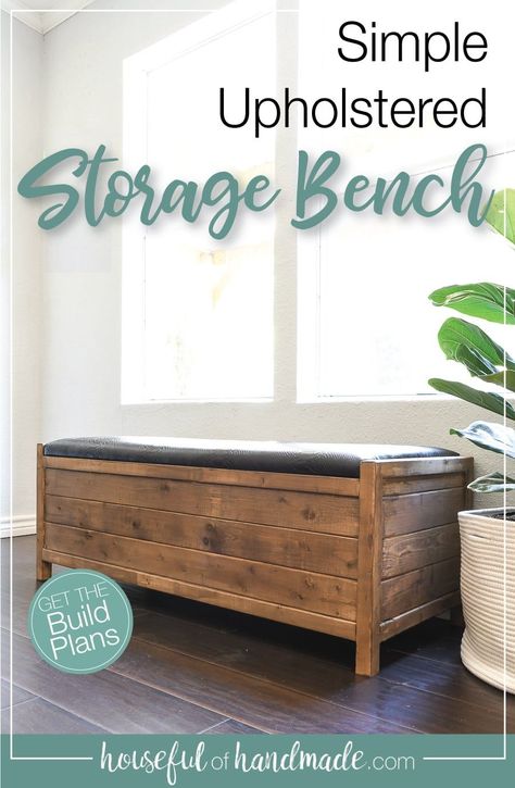 Build this easy storage bench with a simple upholstered top with these free woodworking plans. The simple design is perfect to use anywhere you need to add extra storage to you home. Housefulofhandmade.com Build A Storage Bench, Bed Bench Storage, Types Of Storage, Diy Storage Ottoman, Modern Storage Bench, Wooden Storage Bench, Diy Storage Bench, Storage Bench Bedroom, Woodworking Bench Plans