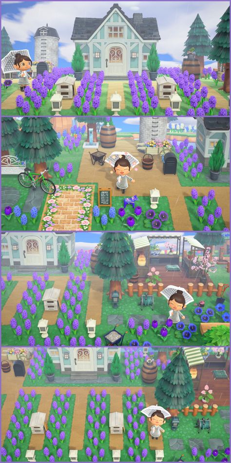 Acnh Purple Flowers, Acnh Purple Hyacinths, Acnh Lavender Farm, Acnh Yard Design, Animal Crossing Front Yard Ideas, Acnh Front Yard, Acnh Outlander, Acnh Front Yard Ideas, Acnh Lavender