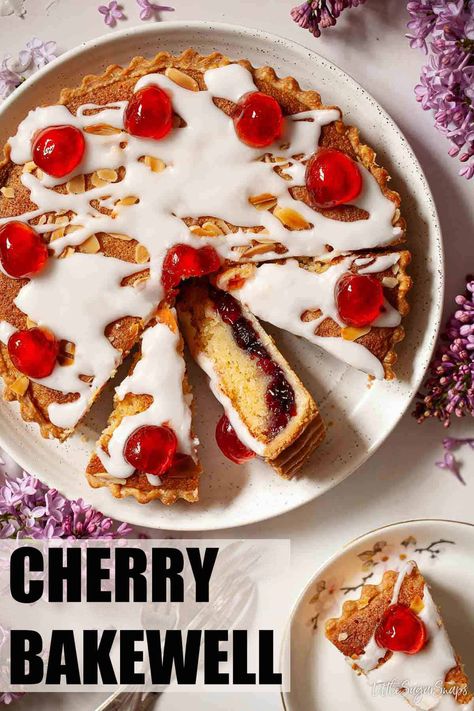 Cherry Bakewell tart is a retro classic in the world of British baking. Shortcrust pastry, sweet cherry jam and a delightful frangipane topping smothered in glacé icing with a crown of candied cherries make this cherry and almond tart hard to resist. Cherry Bakewell Recipe, Sweet Cherry Jam, Bakewell Pudding, Bakewell Tart Recipe, Cherry Bakewell Tart, Almond Tart Recipe, Candied Cherries, British Pudding, Coconut Tart