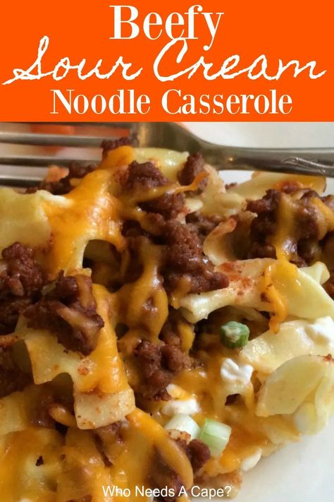 noodles, ground beef, cheese on white plate with fork Oven Casserole Recipes, Family Favorite Casseroles, Sour Cream Noodle Bake, Creamed Beef, Favorite Casseroles, Sour Cream Recipes, Beef Casserole Recipes, Noodle Casserole, Beef And Noodles