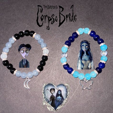 Corpse bride inspired bracelets of Emily and Victor! Easy Bracelet Ideas With Beads, Emily And Victor, Victor And Emily, Bracelet Types, Alphabet Letters To Print, Expo Ideas, Inspired Bracelets, Bride Birthday, Diy Kandi Bracelets