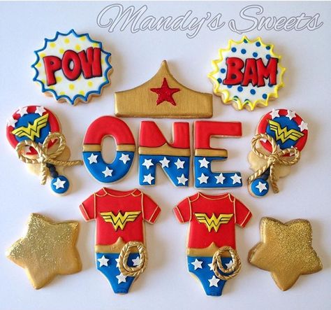 Oneder Woman 1st Birthday Cake, Wonder Woman 1st Birthday Party, Wonder Woman First Birthday, One Der Woman First Birthday, Oneder Woman 1st Birthday Decor, Oneder Woman 1st Birthday, Wonder Woman Cookies, Baby Wonder Woman, 1st Birthday Foods