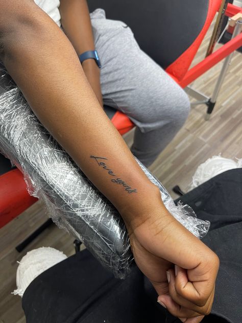 Love Yourz J Cole Tattoo Arm, Love Yourz Tattoo On Arm, Love Yourz J Cole Tattoo Men, Love Yourz J Cole Tattoo Forearm, More Life Tattoo, Love Yourz J Cole Tattoo Cursive, Writing Arm Tattoo, Sidearm Tattoos For Women, Jcole Tattoo Ideas