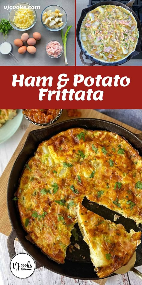 An easy yet tasty frittata made from leftover cooked potatoes combined with eggs, spring onion, cheese and ham. Potato And Egg Frittata, Leftover Boiled Potatoes, Ham Frittata, Vegetarian Tart, Impossible Quiche, Fritatta Recipe, Breakfast Goals, Onion Frittata, Asparagus Frittata