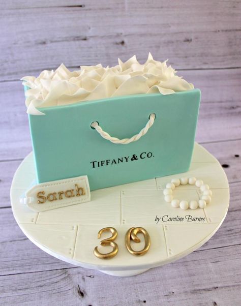 Tiffany gift bag cake - Cake by Caroline Gift Bag Cake Ideas, Handbag Cakes Ideas, Bag Cake Ideas, Tiffany Blue Cakes, Birthday Cake For Women, Cake For Women, Tiffany Gifts, Tiffany Cakes, Tiffany Birthday