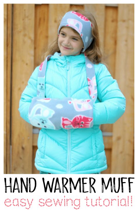 Hand Muffs Pattern, Fleece Hand Warmers Diy, Diy Hand Warmers No Sew, Fleece Neck Warmer Pattern Sewing, Fleece Mittens Kids Free Pattern, Kids Fleece Hat Pattern, Fleece Sewing Projects, Fleece Poncho, Hand Muff