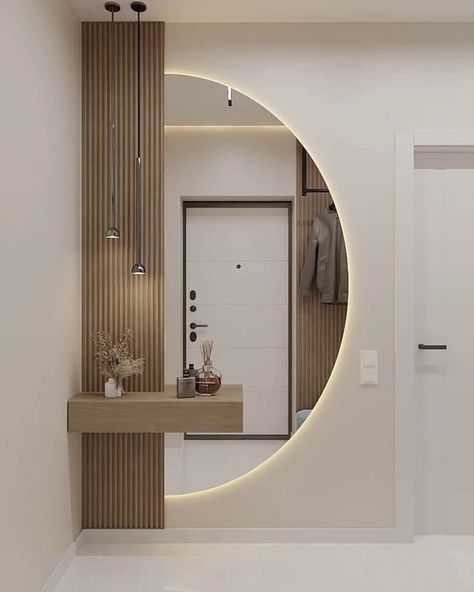 Furniture For Entrance Hall, Modern House Interior Entrance, Entrance Hall Ideas Mirror, House Entrance Wall Design, Home Entrance Wall Design, Home Entrance Ideas Entryway Modern, Modern House Entrance Interior, Entryway Ideas With Mirror, Entrance Furniture Modern