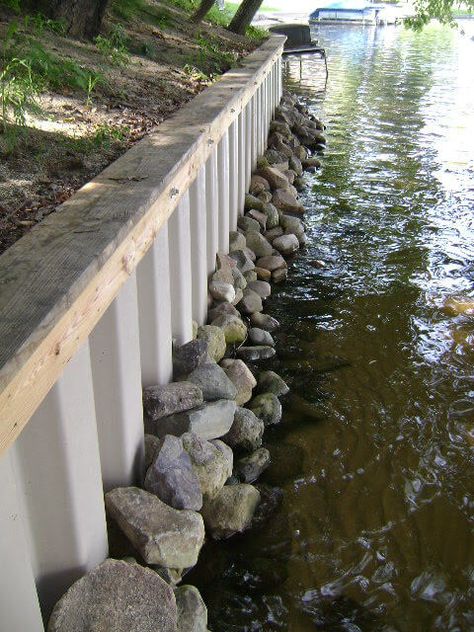 Waterfront Retaining Wall Ideas, River Retaining Wall Ideas, Lake Retaining Wall Ideas, Seawall Ideas Lake Retaining Walls, Dock Pilings, Lake House Patio, Lake Landscaping, Gazebo On Deck, Lake House Interior