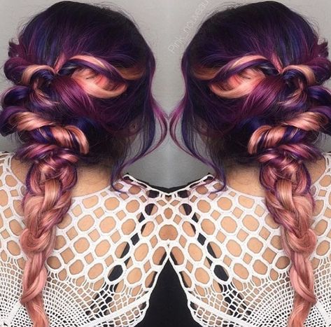 Purple orange Coral and braid Orange To Blonde Hair, Hair Colorful, Hair Color Rose Gold, Gold Blonde, Hair Color Purple, Rose Gold Hair, New Hair Colors, Hair Inspiration Color, Orange Hair