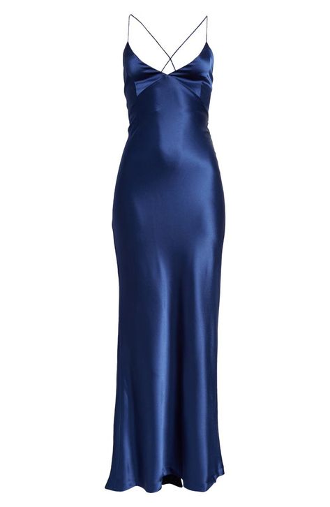 Summon flirty energy in this stunning satin slipdress with a lace-up open back and a drapey detail in the back that looks like an abbreviated train Navy Satin Dress, Cobalt Dress, Blue Satin Dress, Prom Dress Inspo, Lil Black Dress, Blue Silk Dress, Prom Dress Inspiration, Cute Prom Dresses, Pretty Prom Dresses