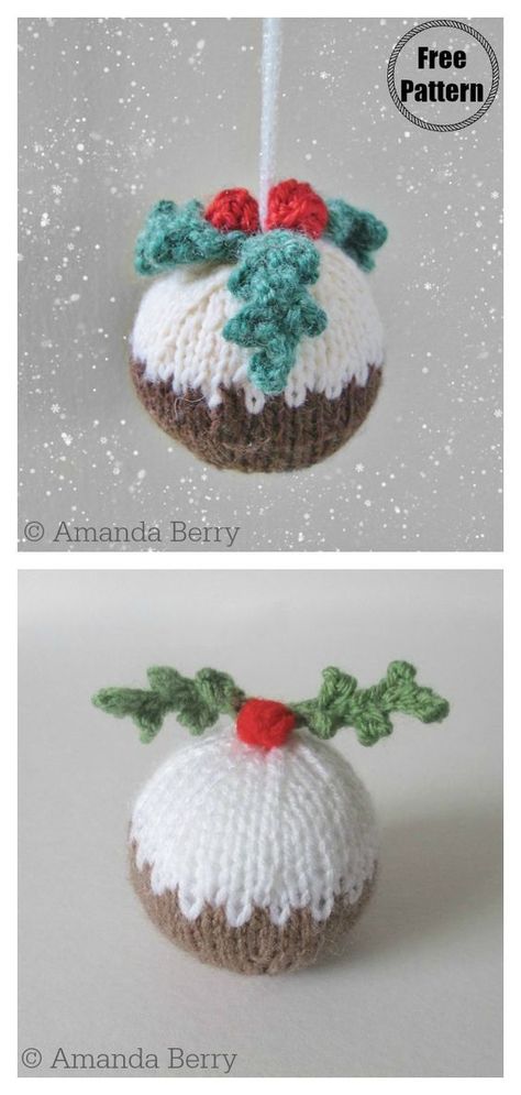 Knitted Christmas Pudding Pattern, Knitted Christmas Pudding, Free Knitted Christmas Tree Ornaments, Christmas Pudding Knitting Patterns Free, Knitted Baubles, Postbox Toppers, Free Christmas Knitting Patterns, Crochet Baubles, Christmas Knits