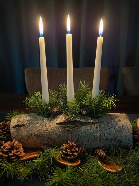 #witchythings #yule #yulecrafts #yulelog Yule Log Wood, Yule Tree Skirt, Traditional Yule Tree Decorations, Yule Log Candle Holder, Yule Tea Party, Pagan Yule Aesthetic, Yule Spiral, Winter Solstice Wedding Ideas, Pagan Christmas Tree Yule Decorations